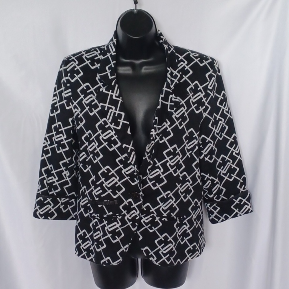 Robert Kitchen 3/4 Sleeve Black White Print Blazer Jacket, cotton/spandex